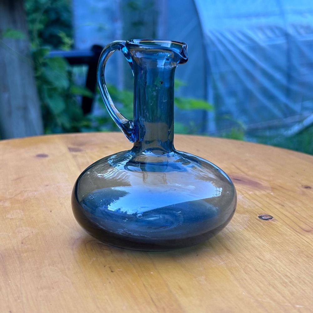 Vintage Miniature Hand Blown Glass Pitcher Small Blue Iridescent‎ Art Glass Jug